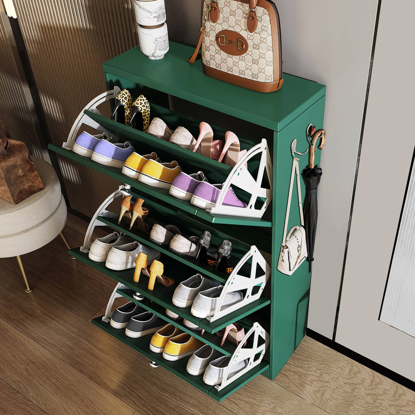 Top-down view of green Blisswood Shoe Cabinet With Doors filled with shoes, highlighting multi-tier storage.