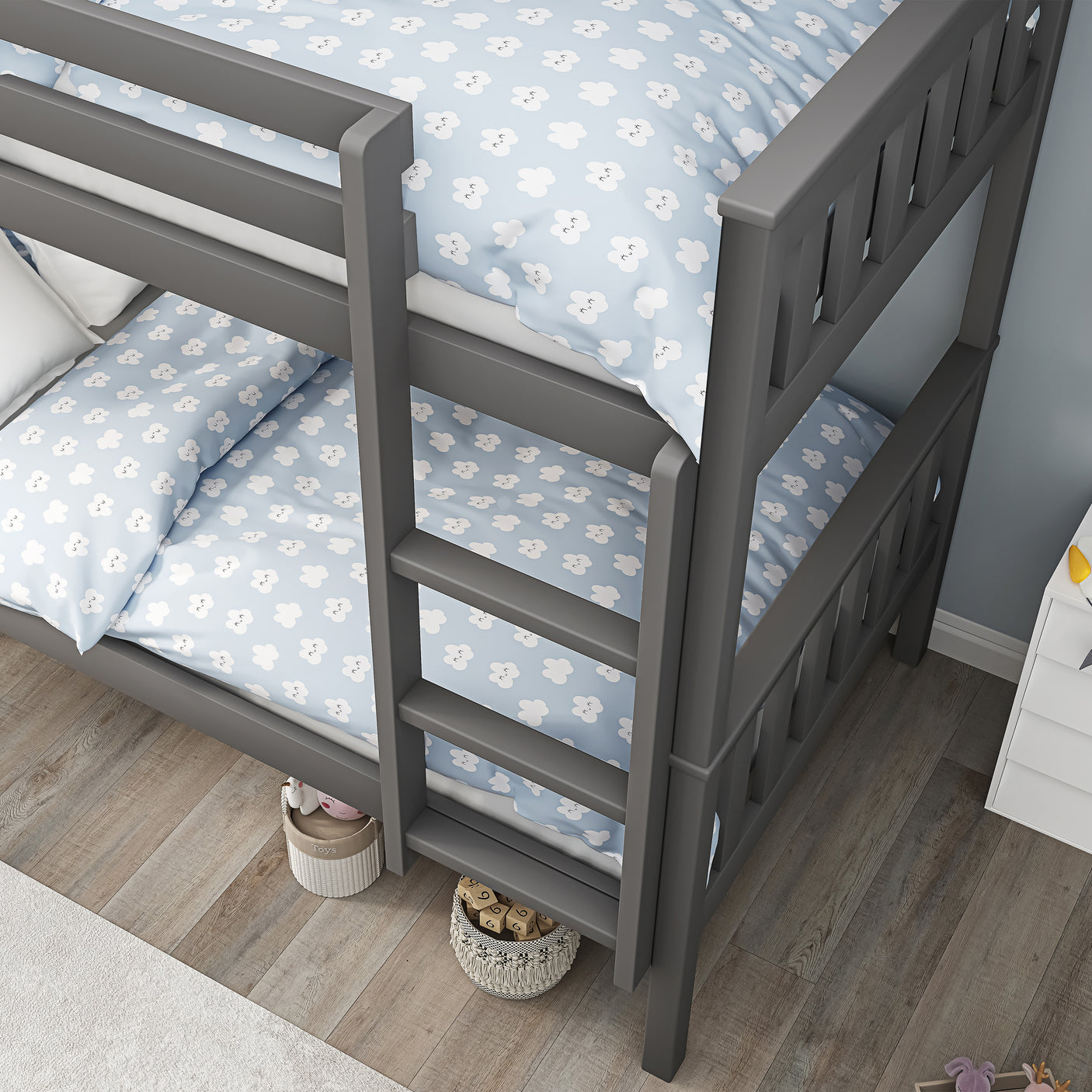 Close-up of dark grey bunk bed ladder and under-bed toy storage, perfect for organizing children's rooms efficiently.