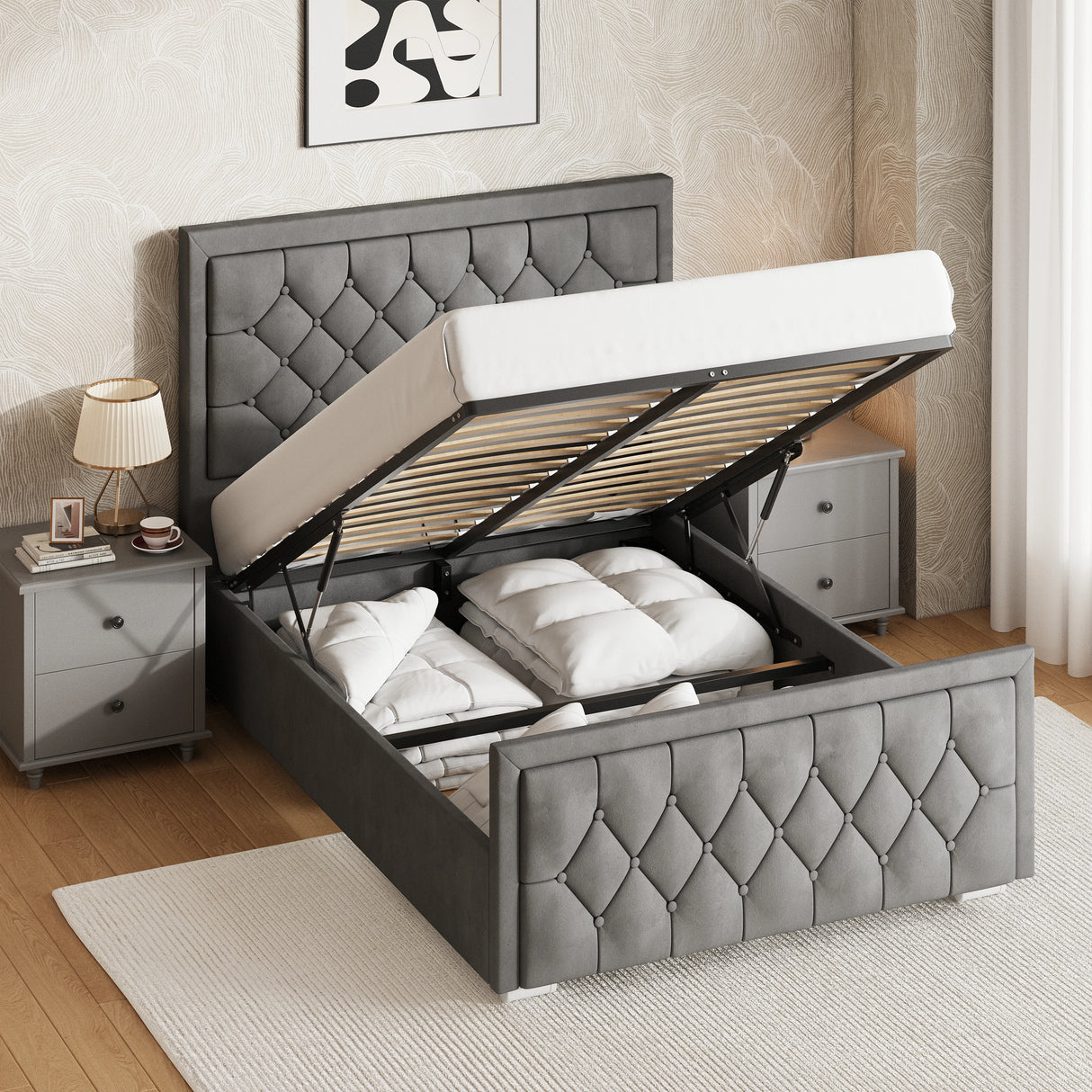 Cross Puffed Ottoman Storage Bed - Velvet Ottoman Bed Frame