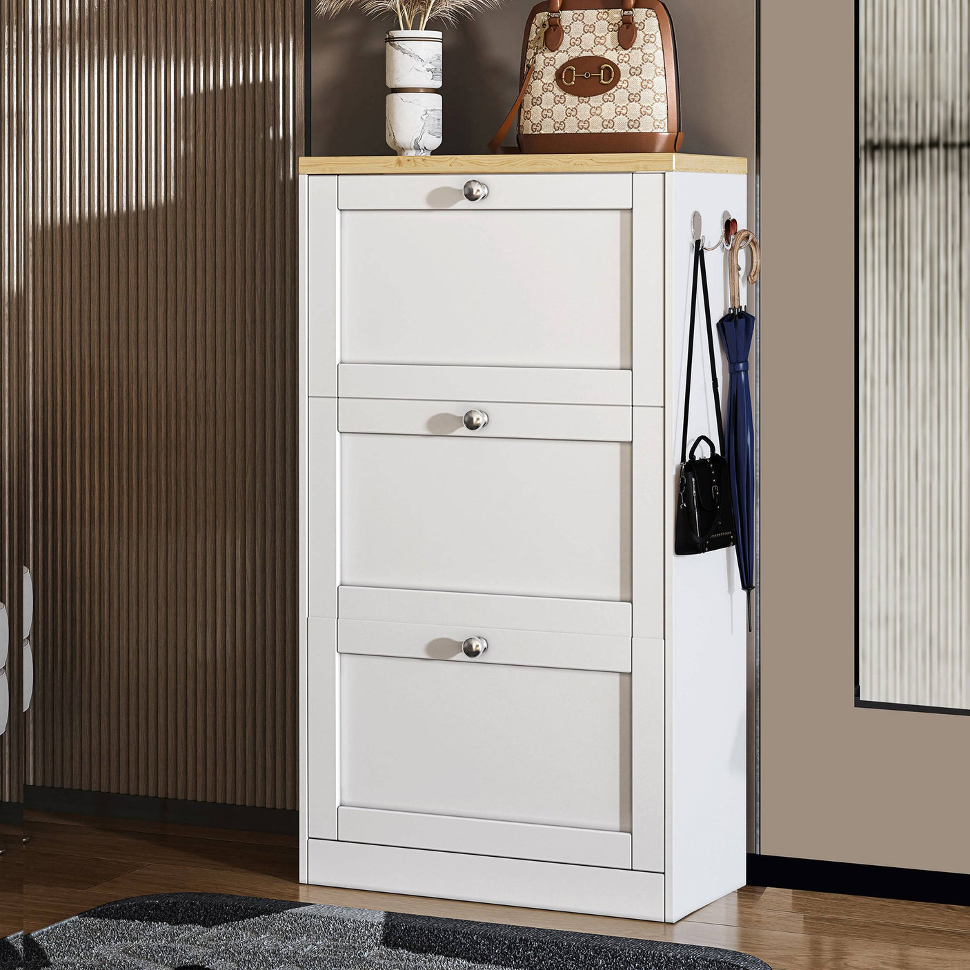 Closed white Blisswood Shoe Cabinet With Doors with wood top and decor, perfect for hallway shoe storage.