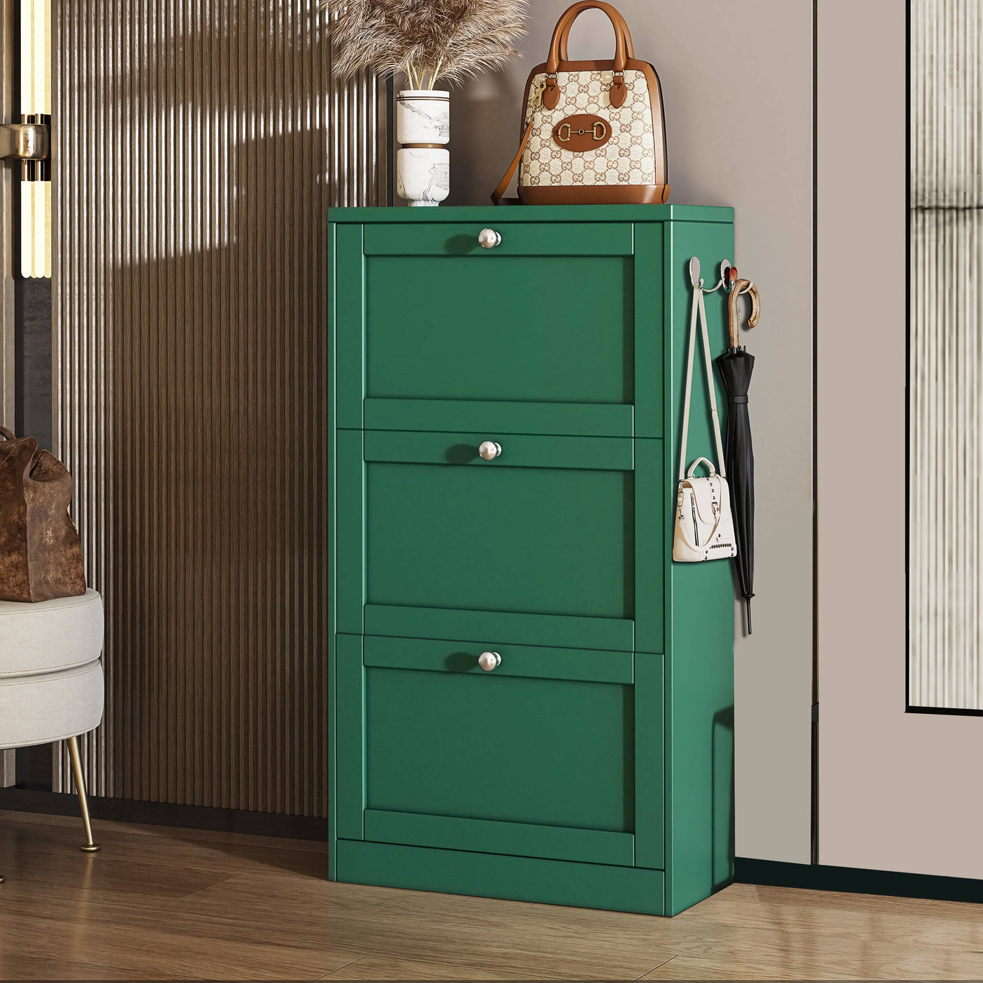 Closed green Blisswood Shoe Cabinet With Doors with decor on top, ideal for stylish hallway shoe storage.