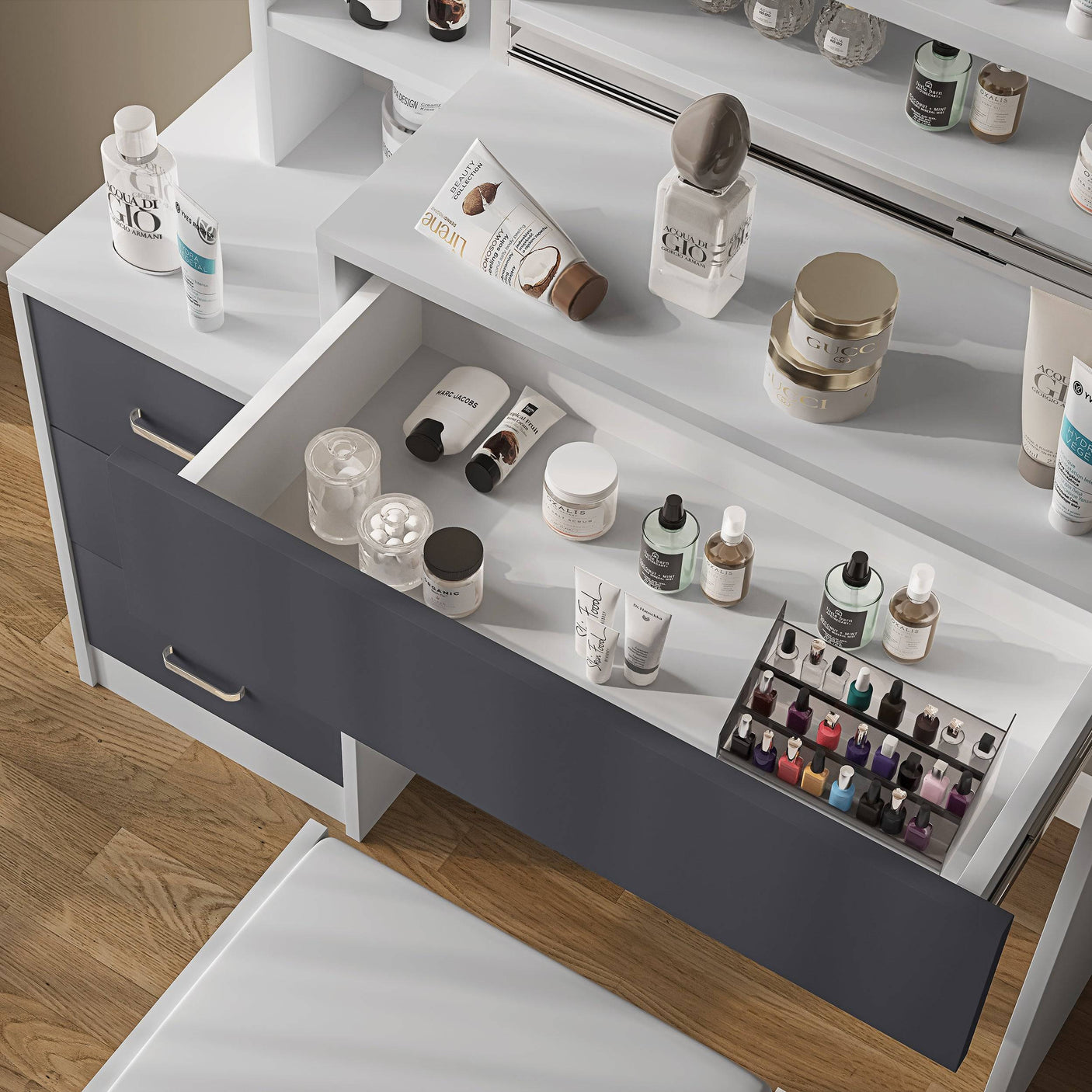 Close-up of white vanity table with grey drawer open. Organized storage for cosmetics and nail polish in a modern bedroom setup.