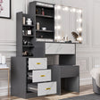 Hollywood Mirror Dressing Table with Storage - DHS Vanity Makeup Desk in dark grey with LED mirror, marble-effect drawers, and cushioned stool.