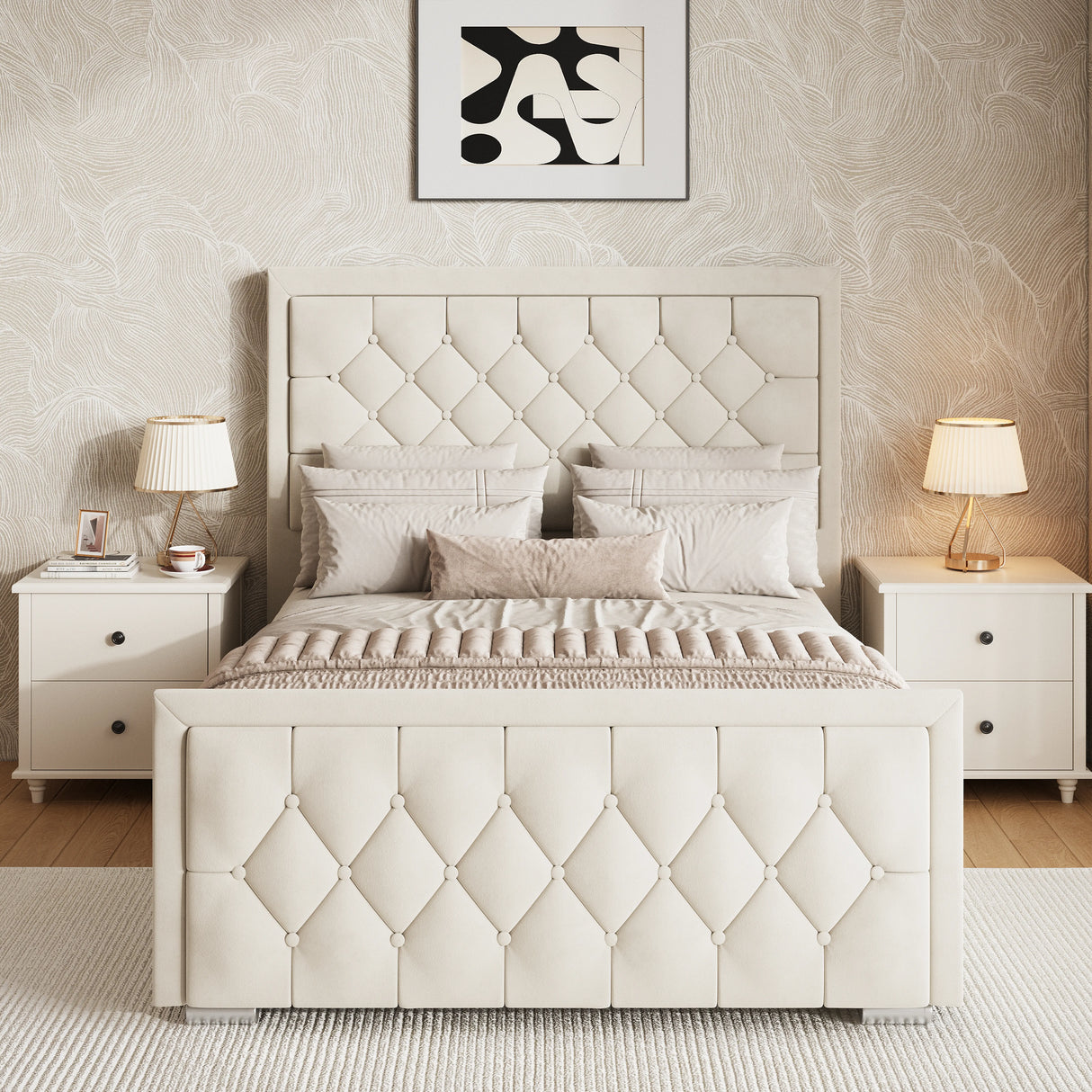 Cross Puffed Ottoman Storage Bed - Velvet Ottoman Bed Frame