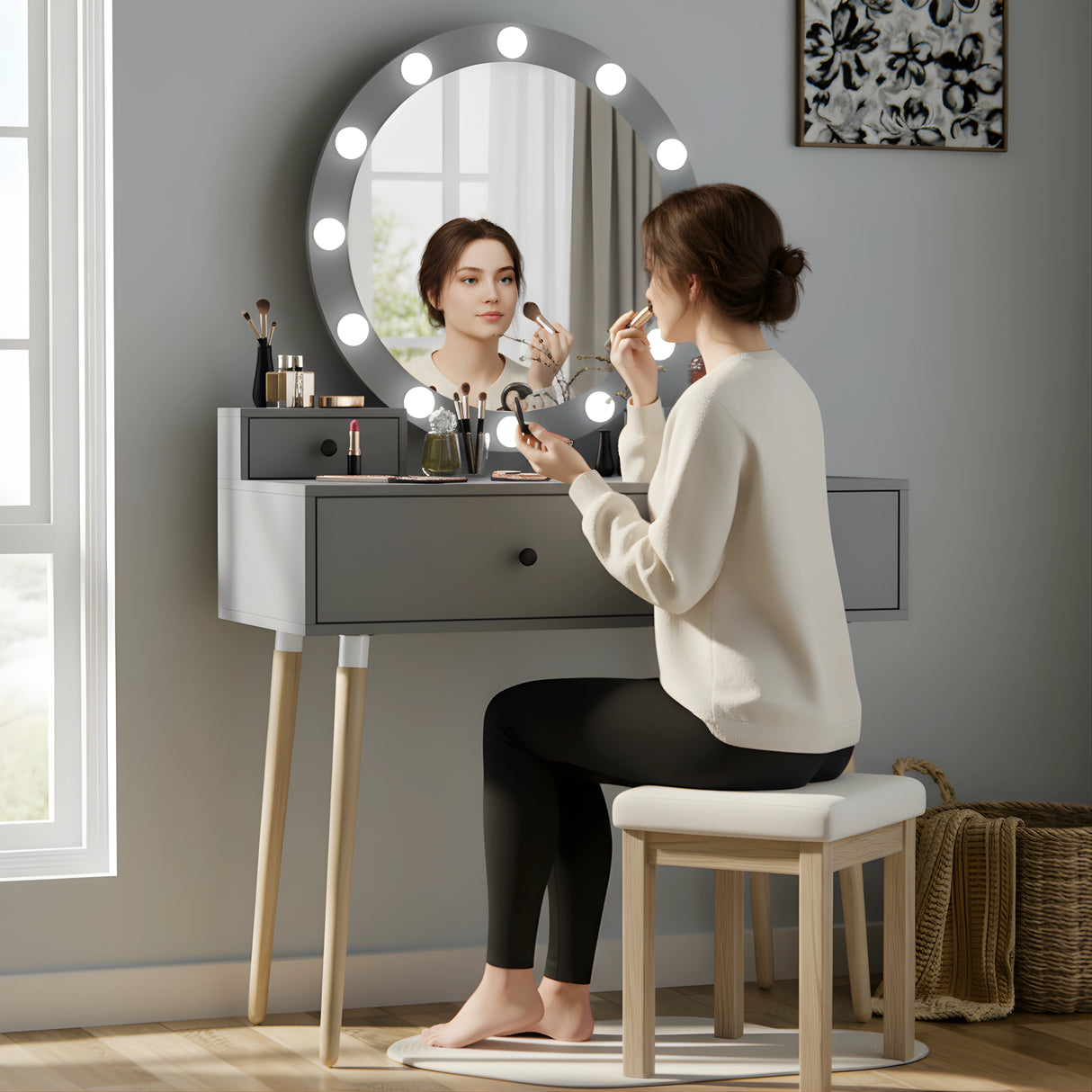 Dressing Table With Drawers and Hollywood Mirror Makeup Vanity Desk