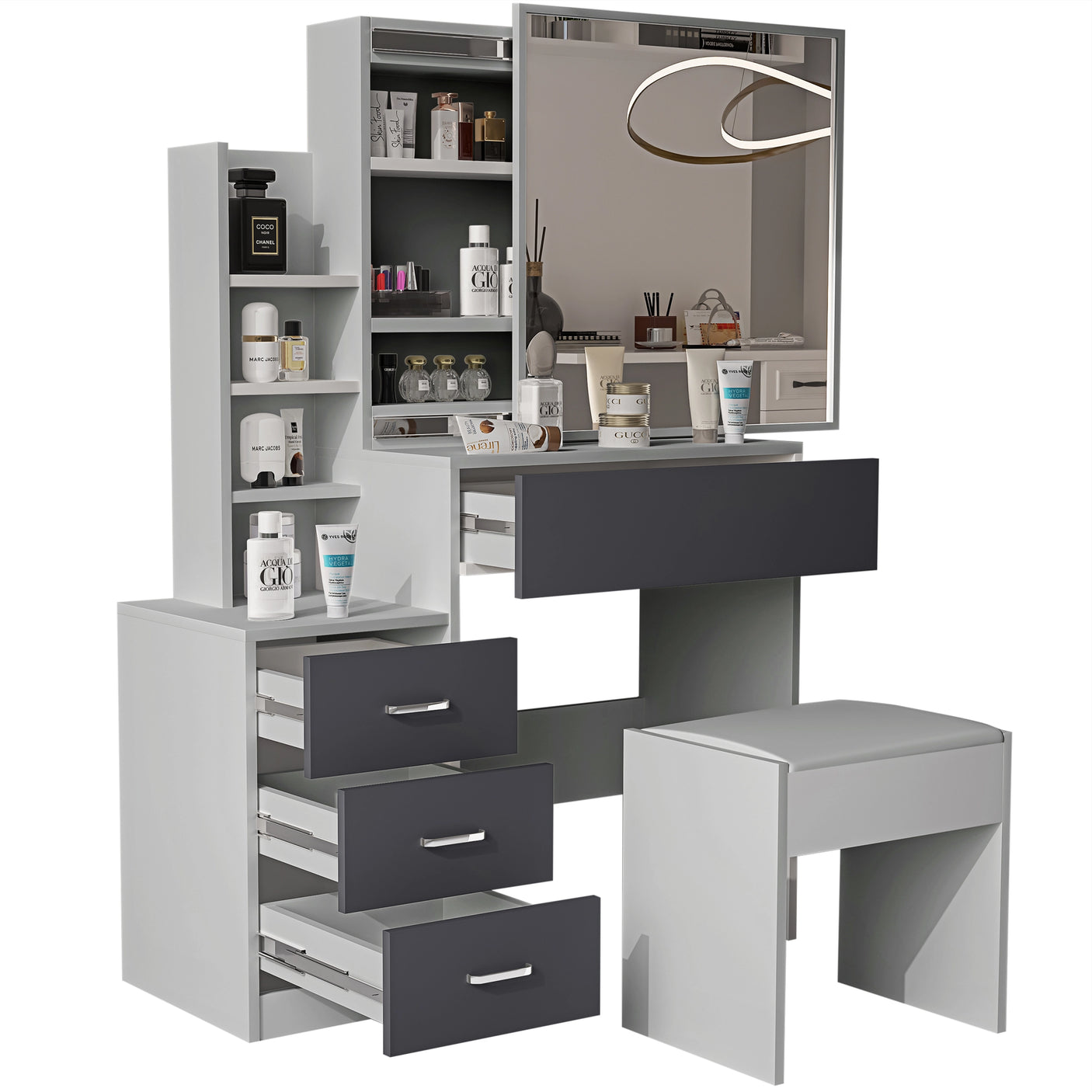 Grey and light grey dressing table with mirror and drawers. Features cushioned stool and organised storage for bedroom beauty essentials.