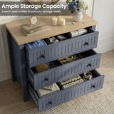 [Blue] Linra chest of drawers with all three drawers pulled open showing folded clothing and storage