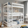 Single triple bunk bed in white wood with three stacked beds, ideal for kids' rooms. Space-saving wooden high sleeper bed frame with ladders on both sides.
