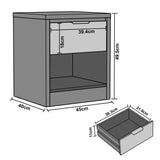 1 drawer bedside table size diagram with labelled height 52 cm, width 45 cm, depth 40 cm and matching drawer measurements