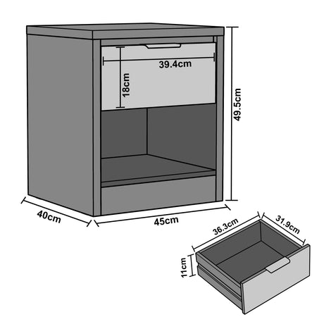 1 drawer bedside table size diagram with labelled height 52 cm, width 45 cm, depth 40 cm and matching drawer measurements