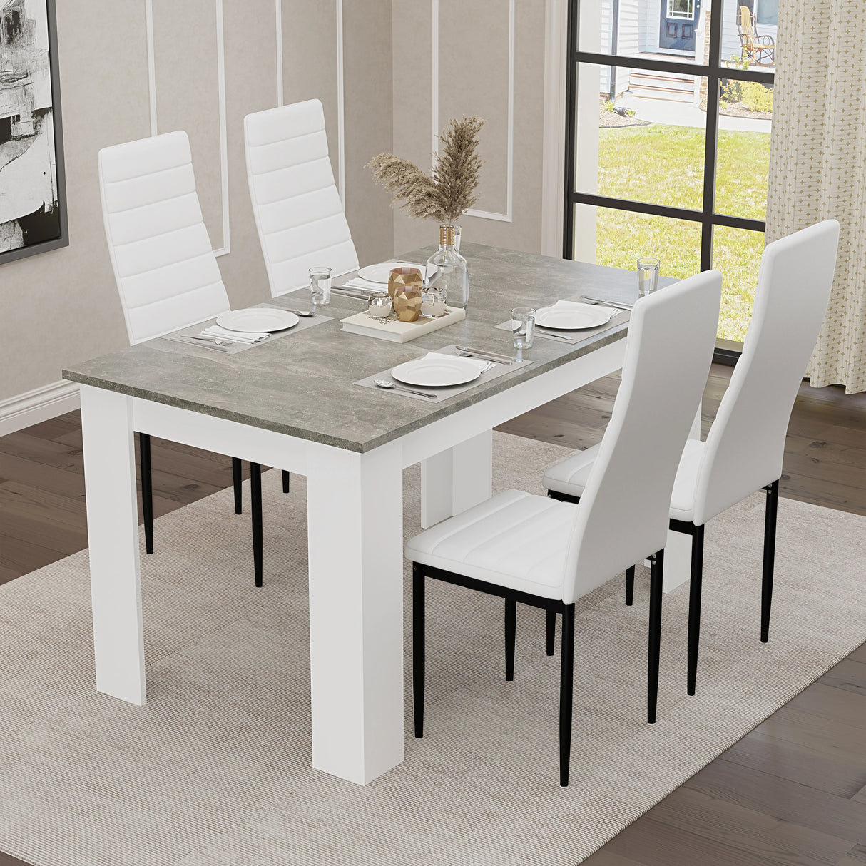 Grey Marble Finish 4-6 Seater Dining Table and Chairs Set