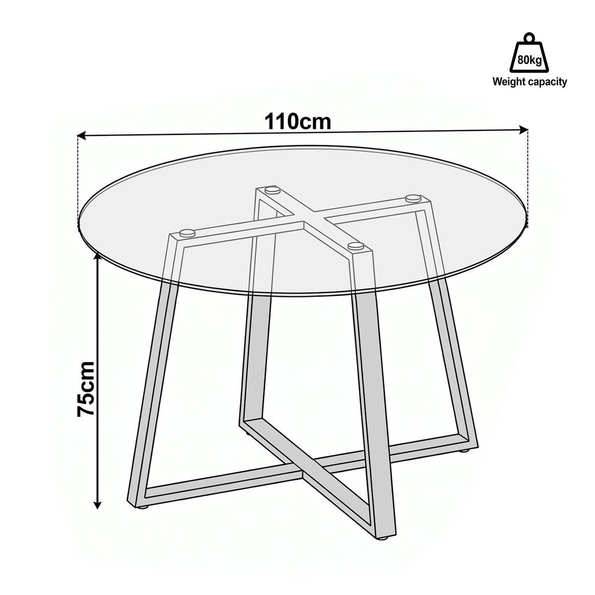 [Clear] 110cm round dining table size guide showing a 75cm height, 80kg weight capacity and a crossed, open-frame sturdy base