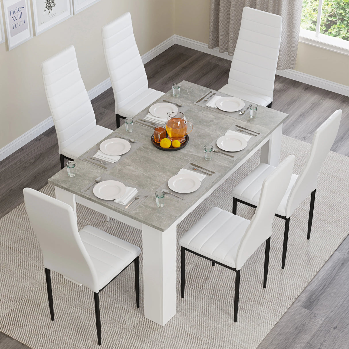 Grey Marble Finish 4-6 Seater Dining Table and Chairs Set