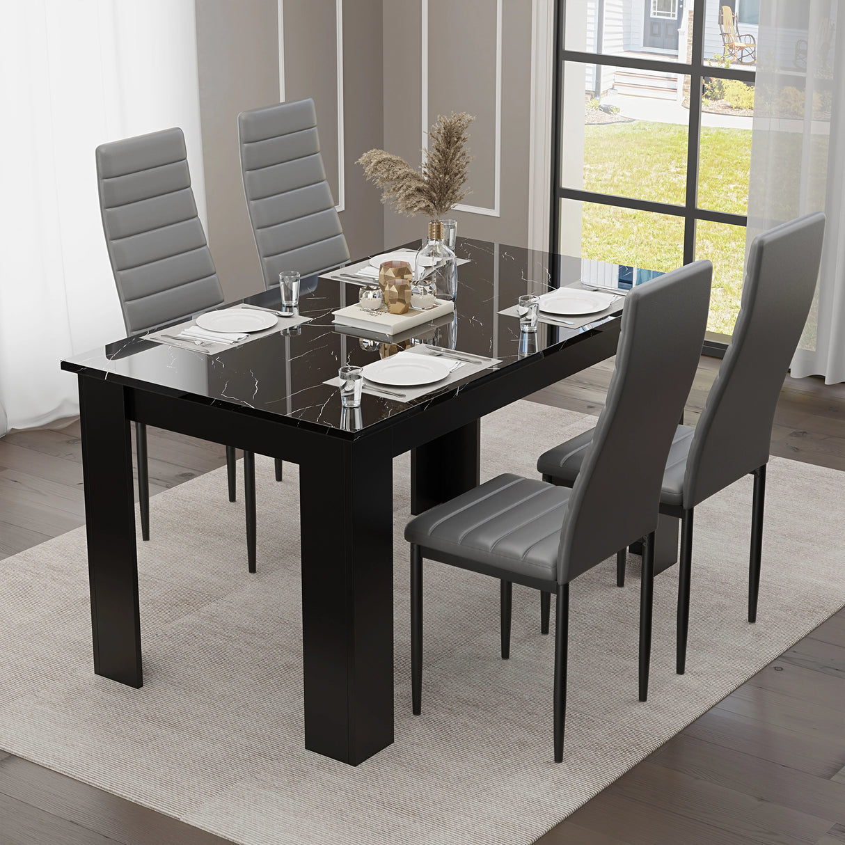 Gloss Black Marble Finish 4-6 Seater Dining Table and Chairs Set