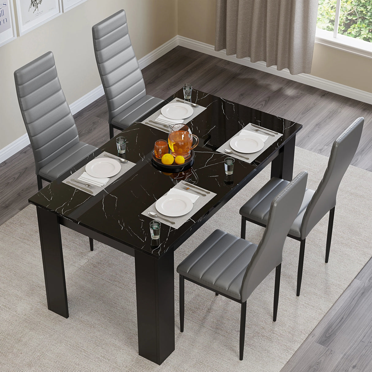 Gloss Black Marble Finish 4-6 Seater Dining Table and Chairs Set