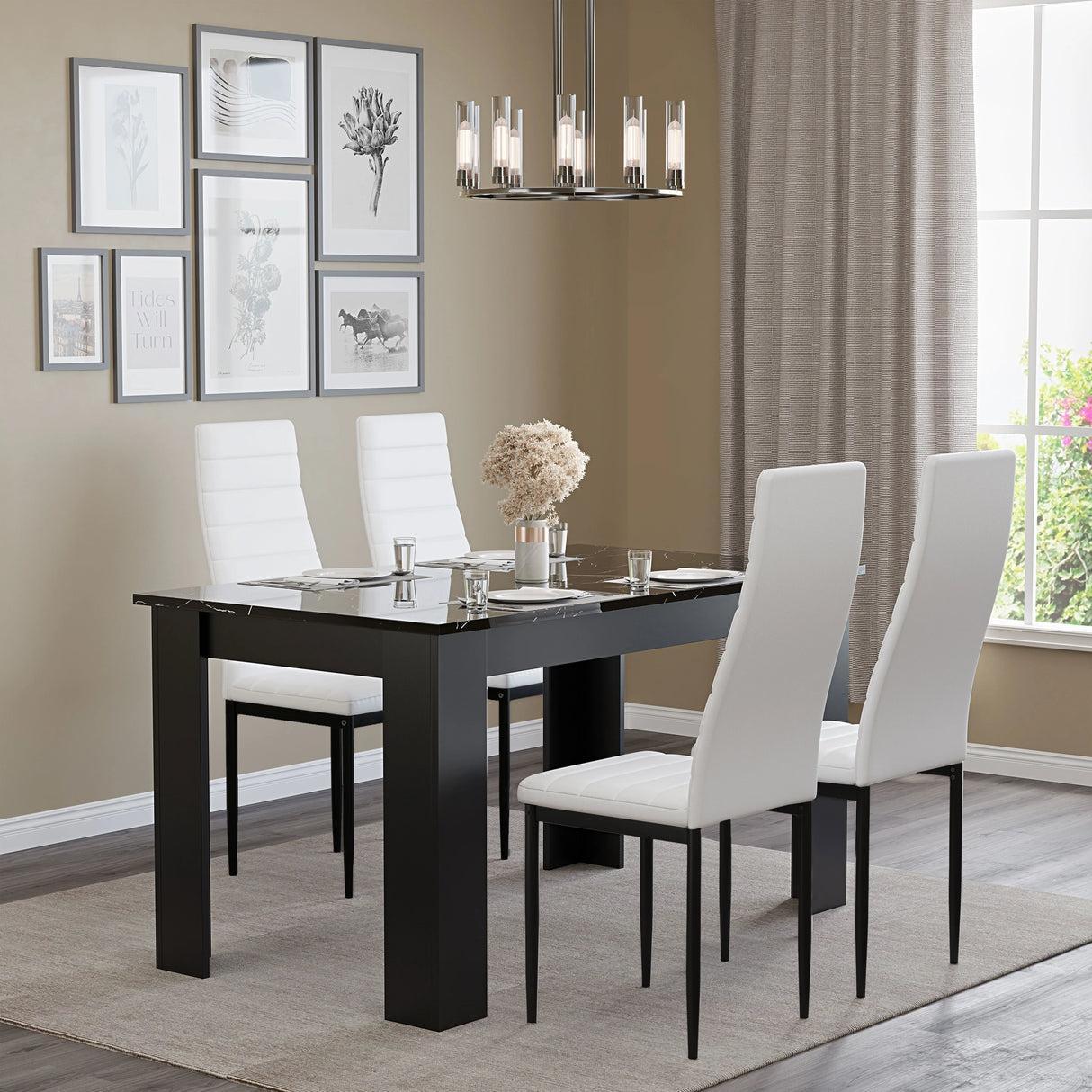 Gloss Black Marble Finish 4-6 Seater Dining Table and Chairs Set