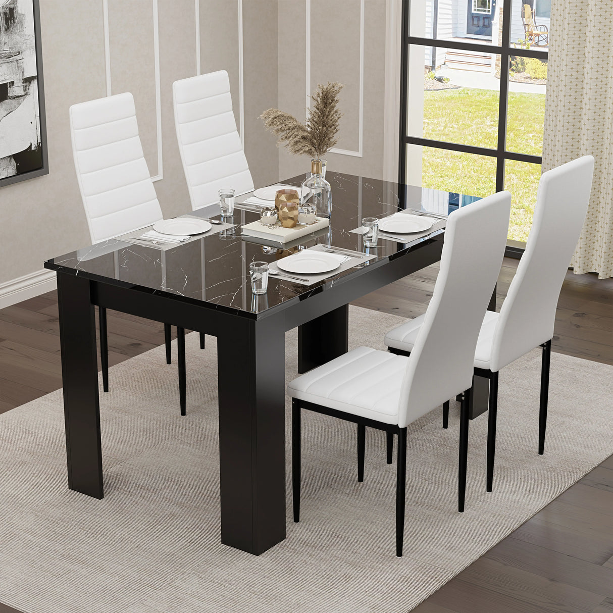 Gloss Black Marble Finish 4-6 Seater Dining Table and Chairs Set