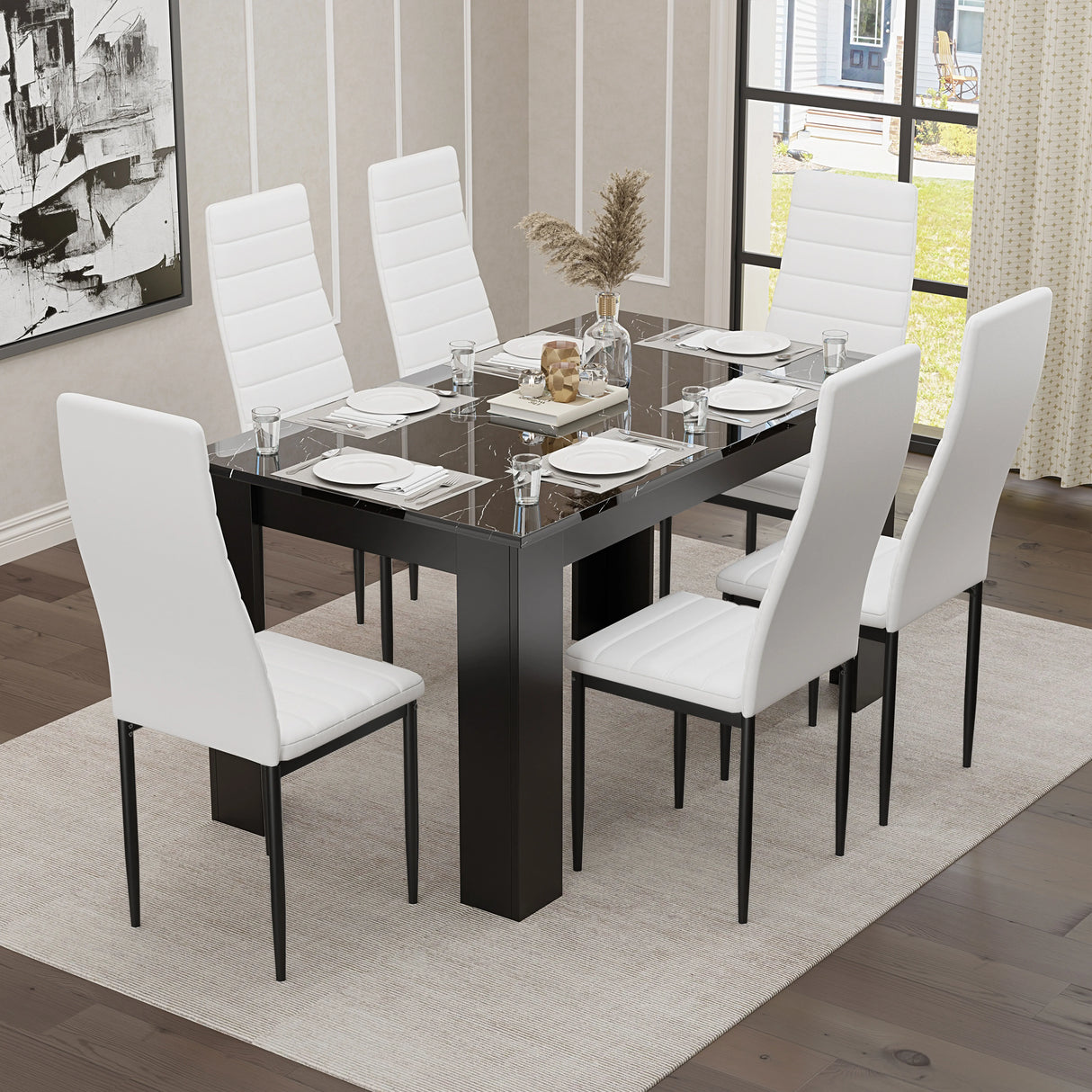 Gloss Black Marble Finish 4-6 Seater Dining Table and Chairs Set