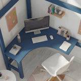 Bunk Bed With Desk - High Sleeper Loft Bed Frame For Kids featuring a spacious blue corner desk setup with computer, chair, and wall shelves. Ideal for space-saving children's bedrooms.
