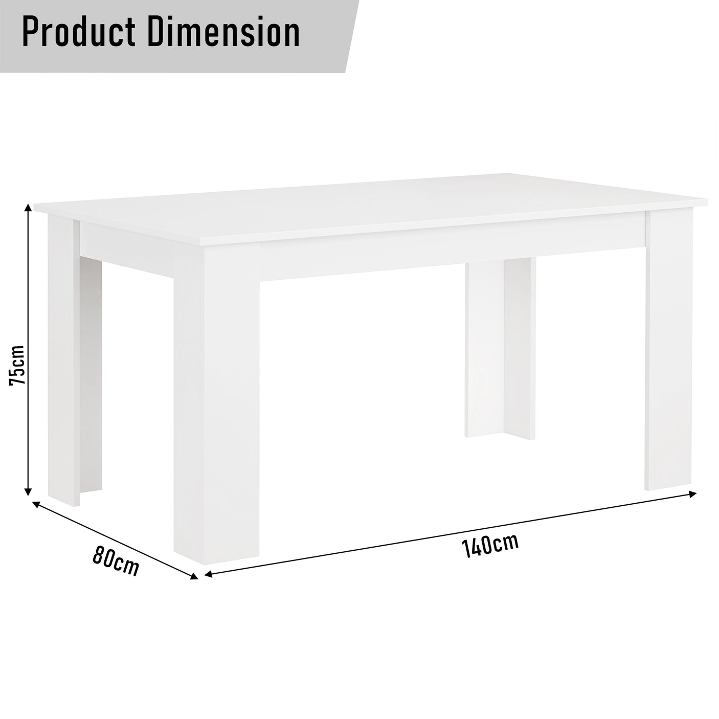 White dining table dimensions: 140cm length, 80cm width, 75cm height, ideal for 6 seater dining room setups.