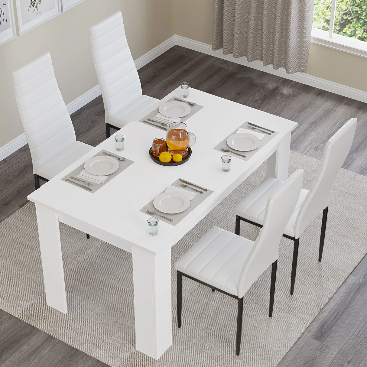 Modern 4-6 Seater White Dining Table and Chairs Set