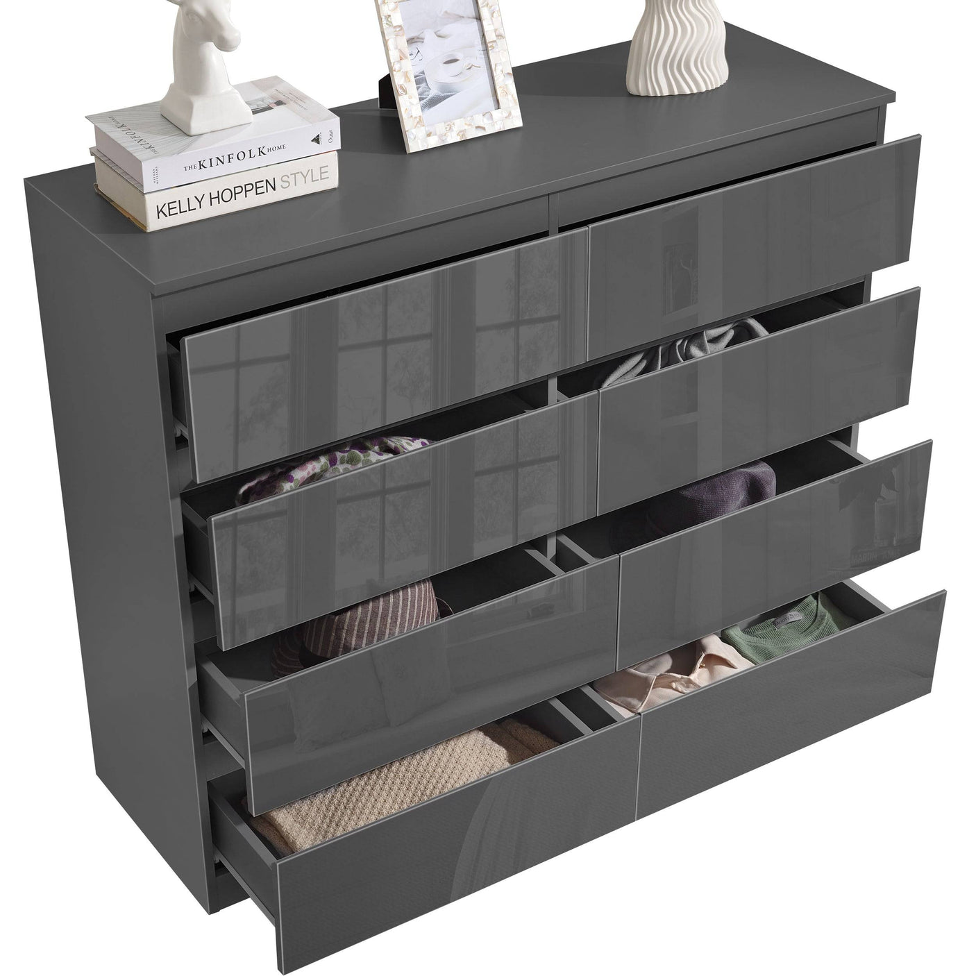 Blisswood Dark Grey Chest of Drawers - High Gloss Drawers 8-drawer unit with open drawers showing organized dual-column storage.