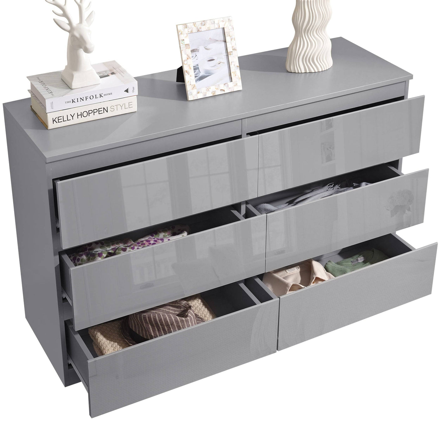 High Gloss Wardrobe With 6 Chest of Drawers - Bedroom Set