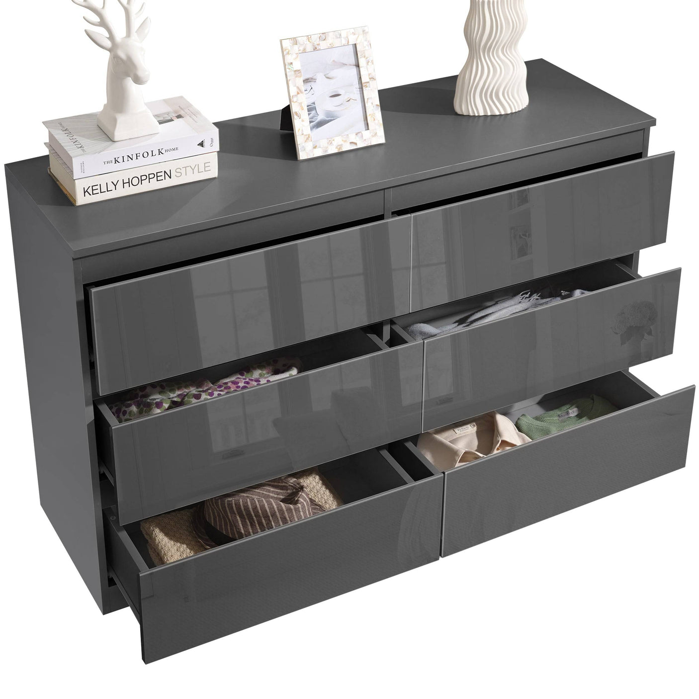 Blisswood Dark Grey Chest of Drawers - High Gloss Drawers 6-drawer unit with open drawers showing dual-column storage design.