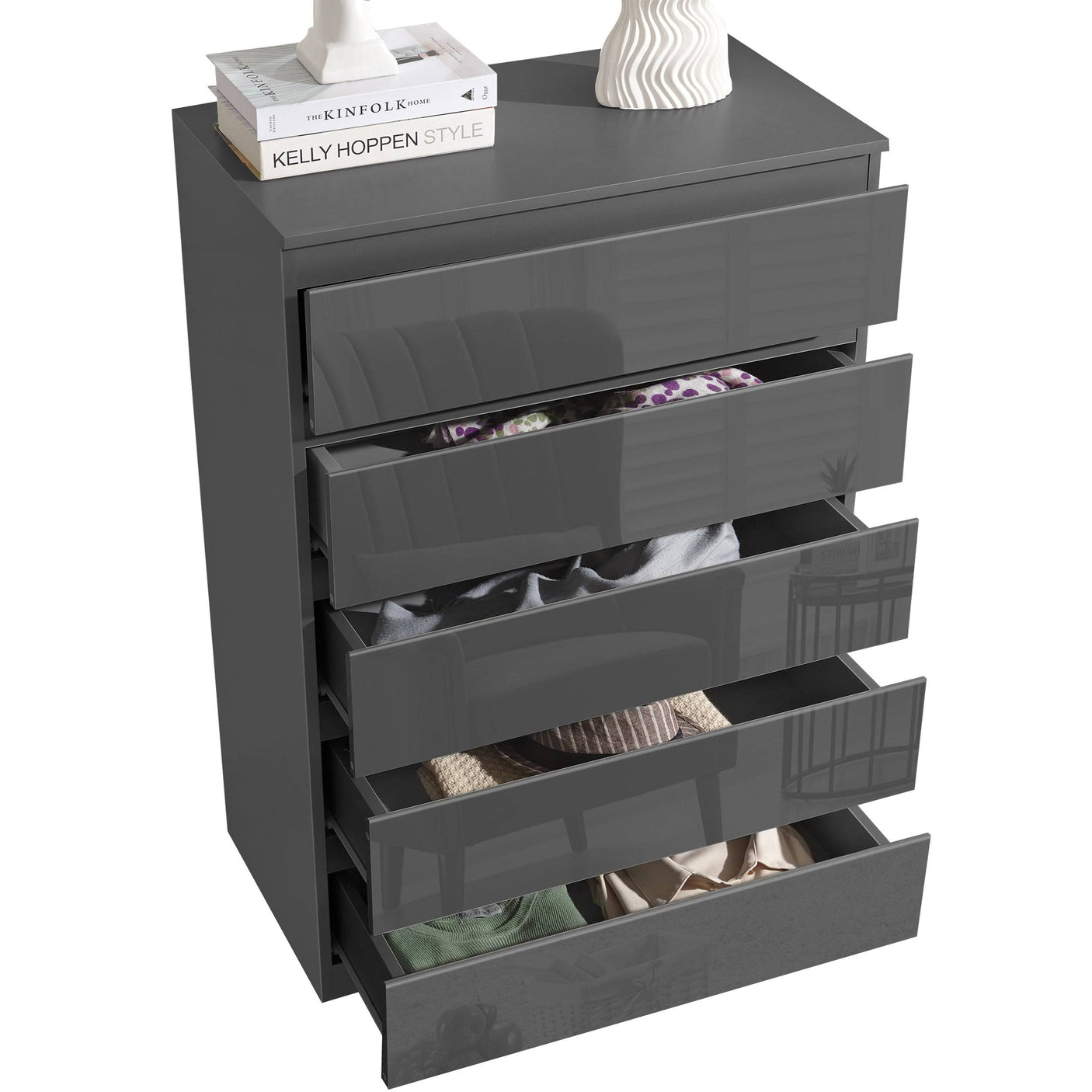 Blisswood Dark Grey Chest of Drawers - High Gloss Drawers 5-drawer unit with open drawers displaying ample storage for clothes.