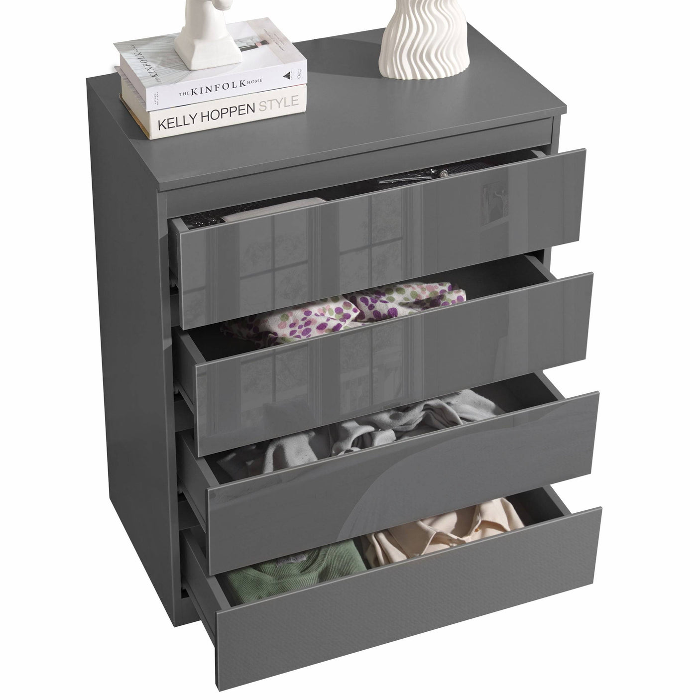 Blisswood Dark Grey Chest of Drawers - High Gloss Drawers 4-drawer unit with open drawers showcasing organized clothing storage.