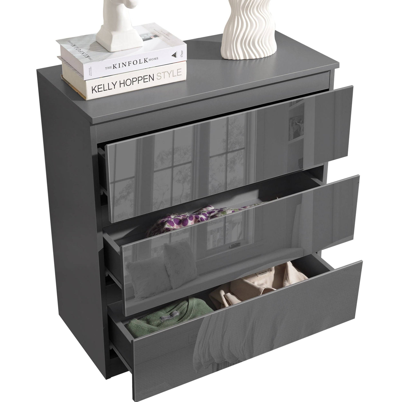 Blisswood Dark Grey Chest of Drawers - High Gloss Drawers 3-drawer unit with open drawers displaying clothing storage capacity.
