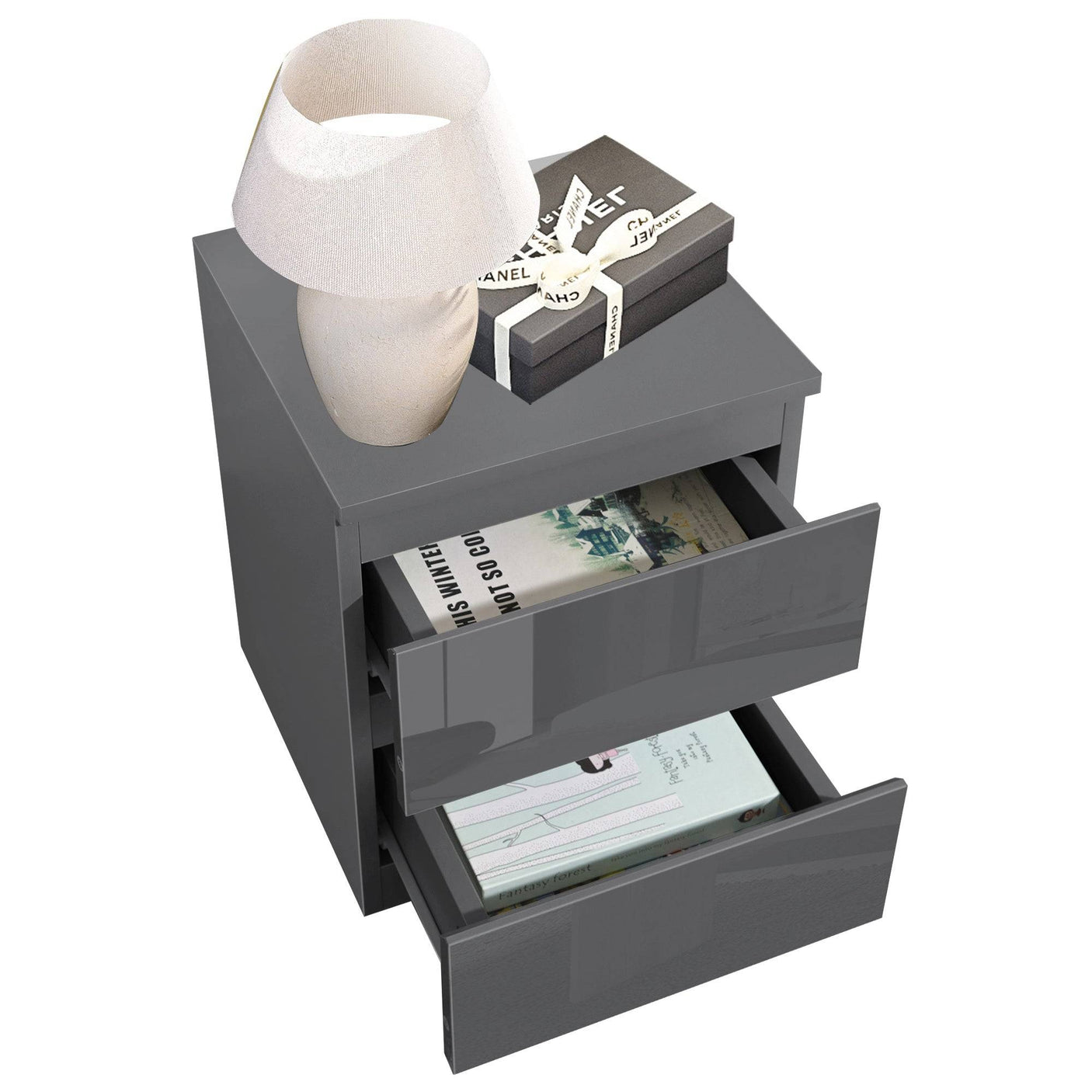 Top view of Blisswood Dark Grey Chest of Drawers - High Gloss Drawers styled with books and a lamp, showcasing its compact and functional design.