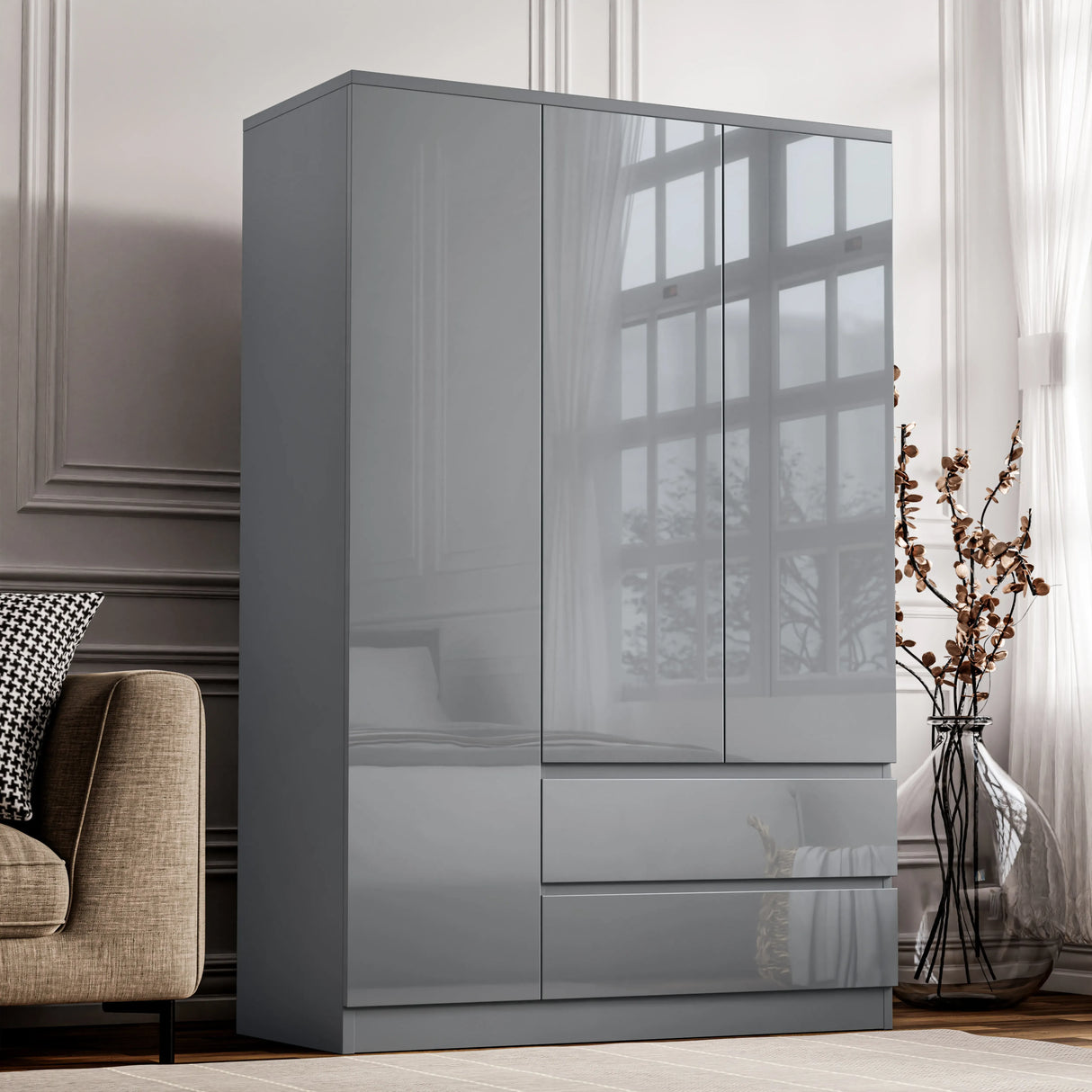 High gloss 3 door grey wardrobe with drawers and shelves, featuring a modern, minimalist design for contemporary bedrooms.