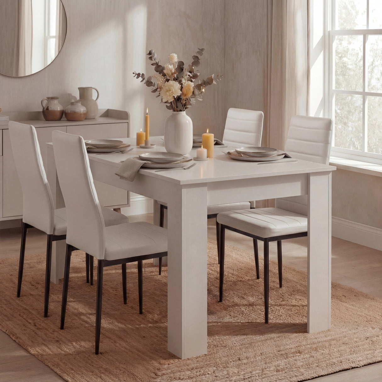 Modern 4-6 seater white dining table and chairs set with PU leather seats in a neutral-toned dining room. Ideal for stylish kitchens or dining spaces.