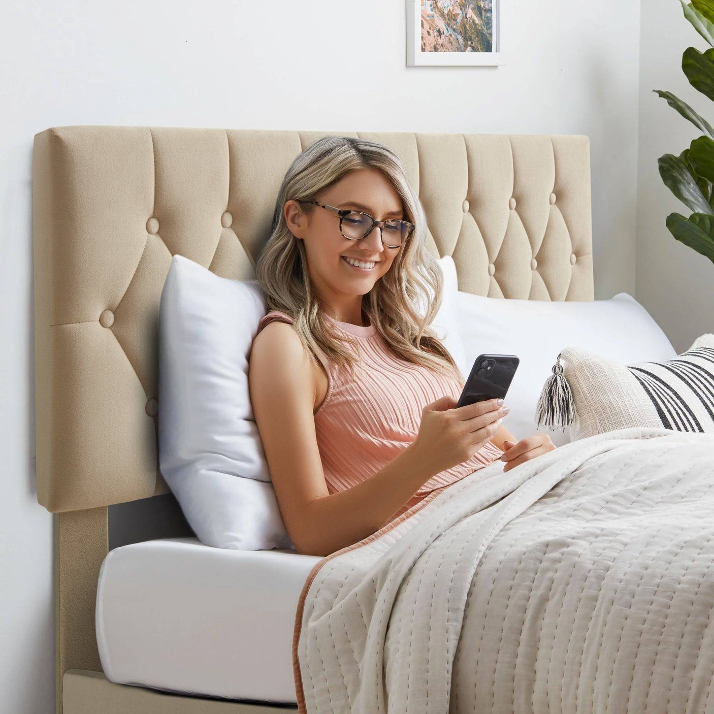 Blisswood Chesterfield Bed Frame - Luxurious Velvet Cream Upholstery, Adjustable Headboard