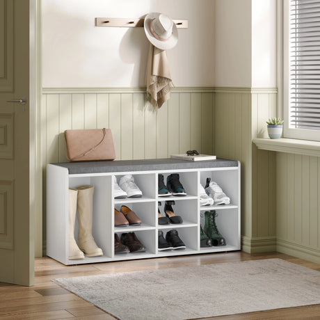 Hallway Shoe Storage Bench With Cushion & Adjustable Shelves