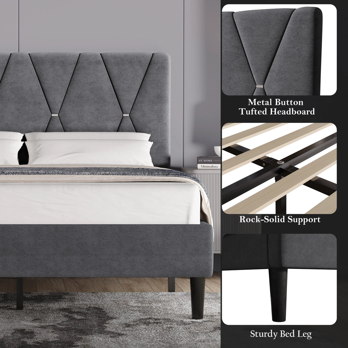 Velvet upholstered bed frame in dark grey with adjustable metal button-tufted headboard, rock-solid wooden slat support, and sturdy black legs.