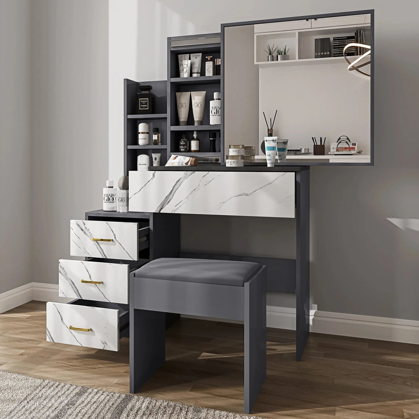 Contemporary grey vanity makeup table with marble drawers and mirror. Features organized storage and a matching cushioned stool for bedroom decor.