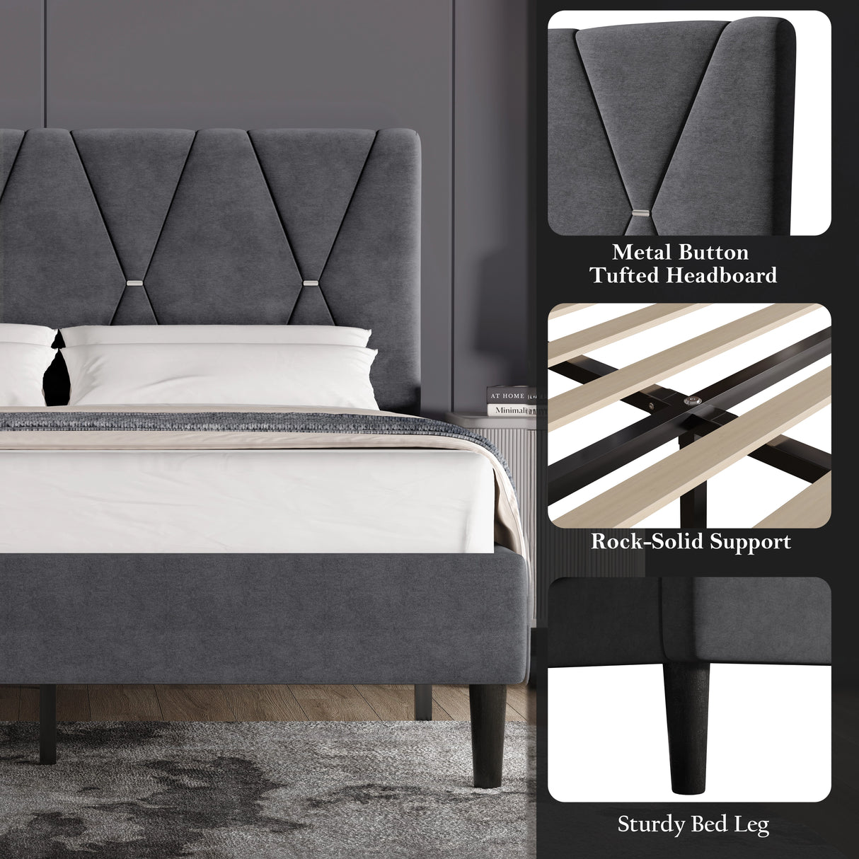 Velvet Upholstered Bed Frame in Grey & Beige with Adjustable Headboard