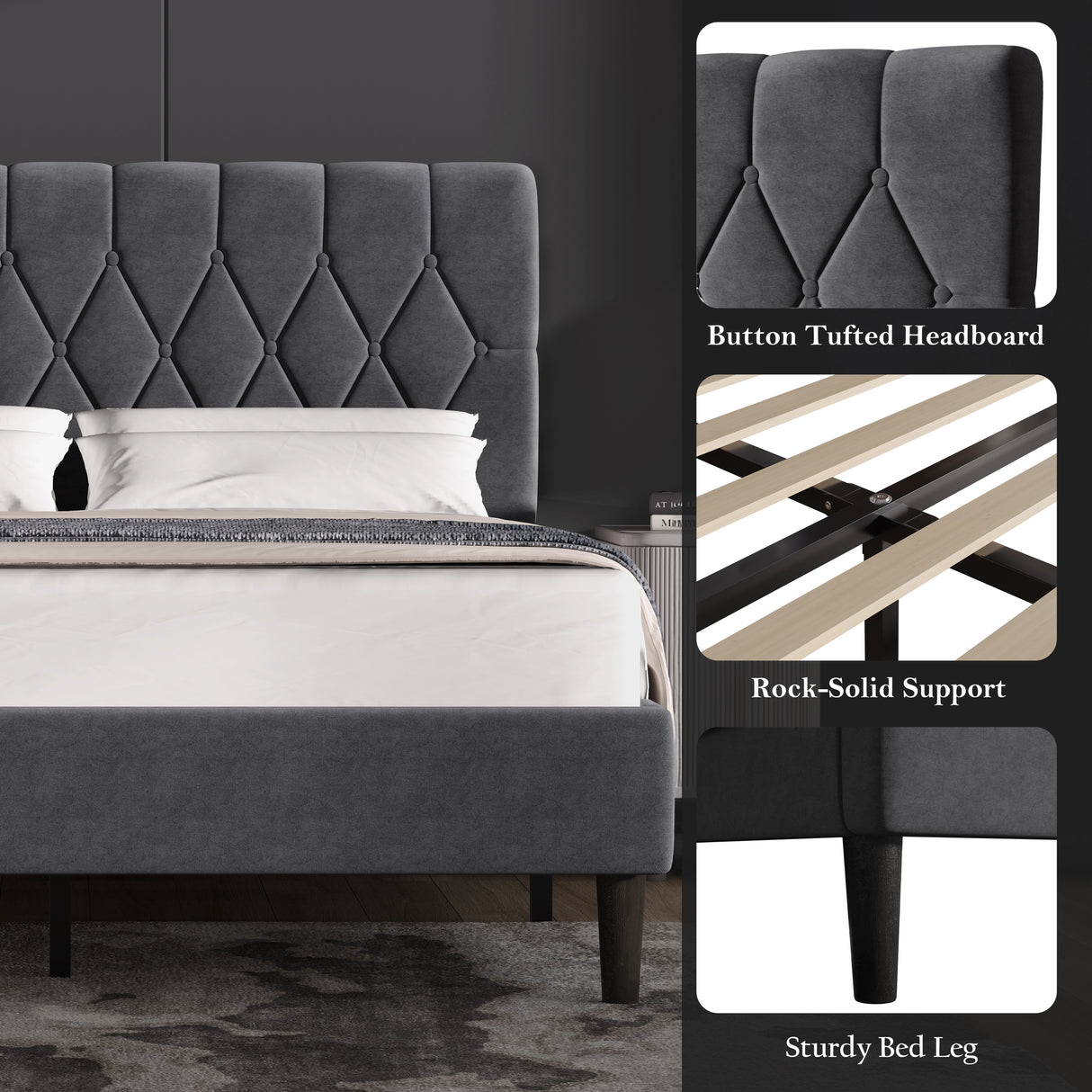 Chesterfield Velvet Upholstered Bed Frame With Adjustable Headboard