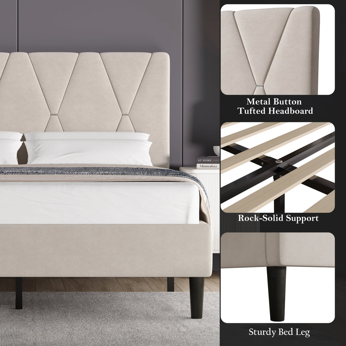 Velvet Upholstered Bed Frame in Grey & Beige with Adjustable Headboard