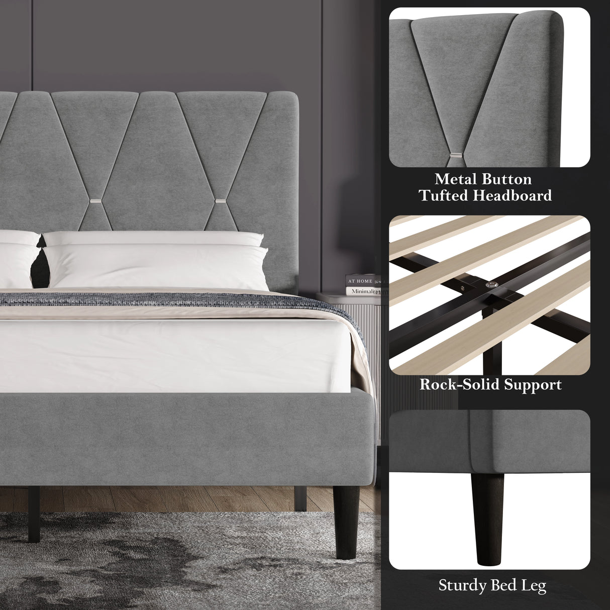 Velvet Upholstered Bed Frame in Grey & Beige with Adjustable Headboard