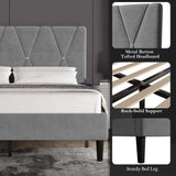 Velvet Upholstered Bed Frame in Grey & Beige with Adjustable Headboard