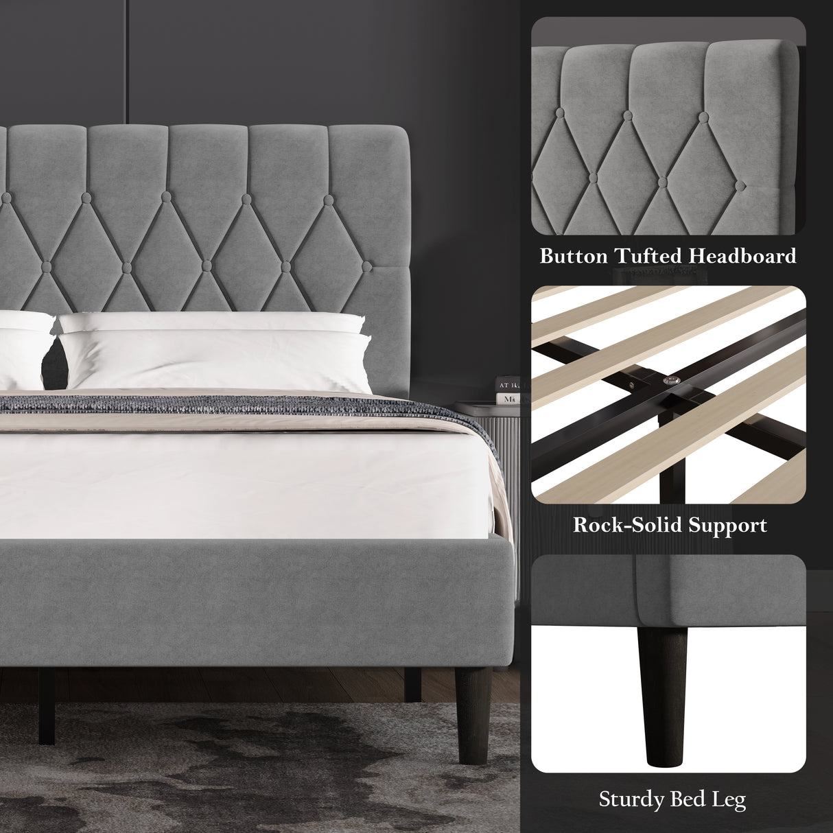 Chesterfield Velvet Upholstered Bed Frame With Adjustable Headboard