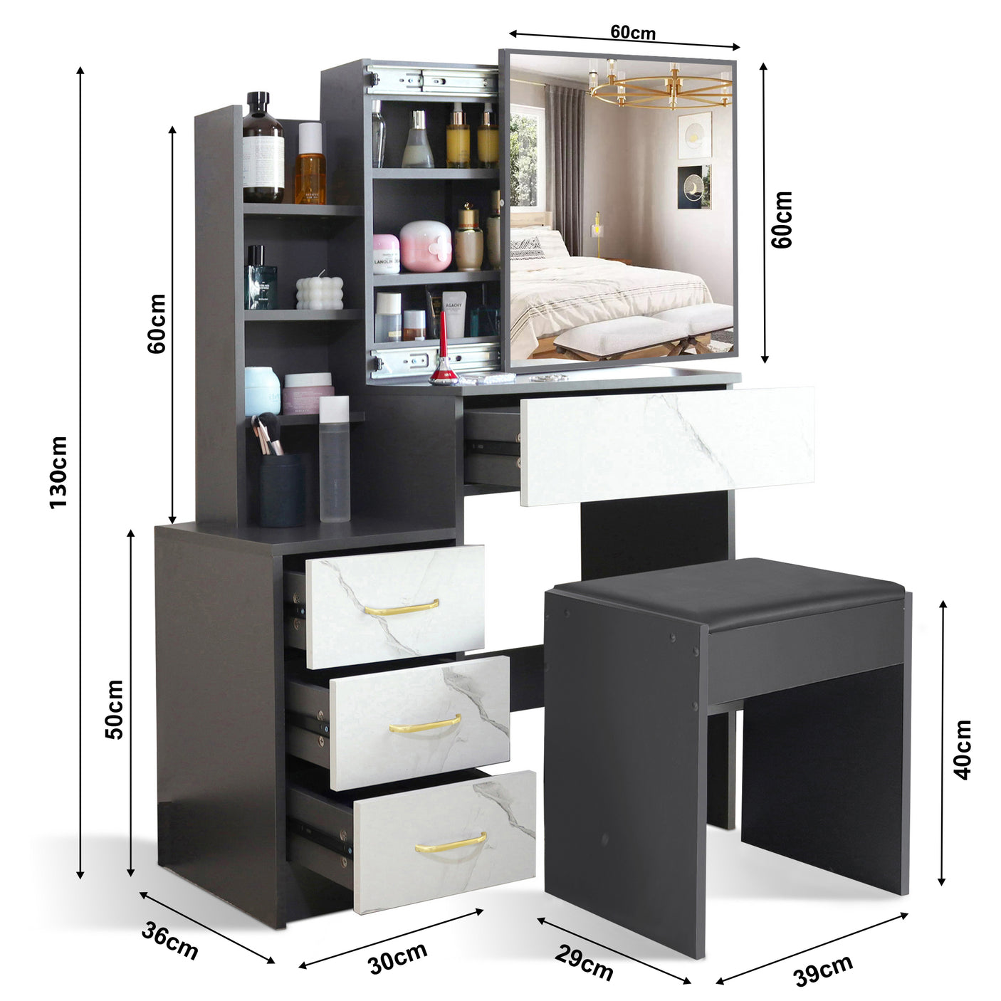 Dressing Table with Storage, Drawers and Mirror - Vanity Makeup Table