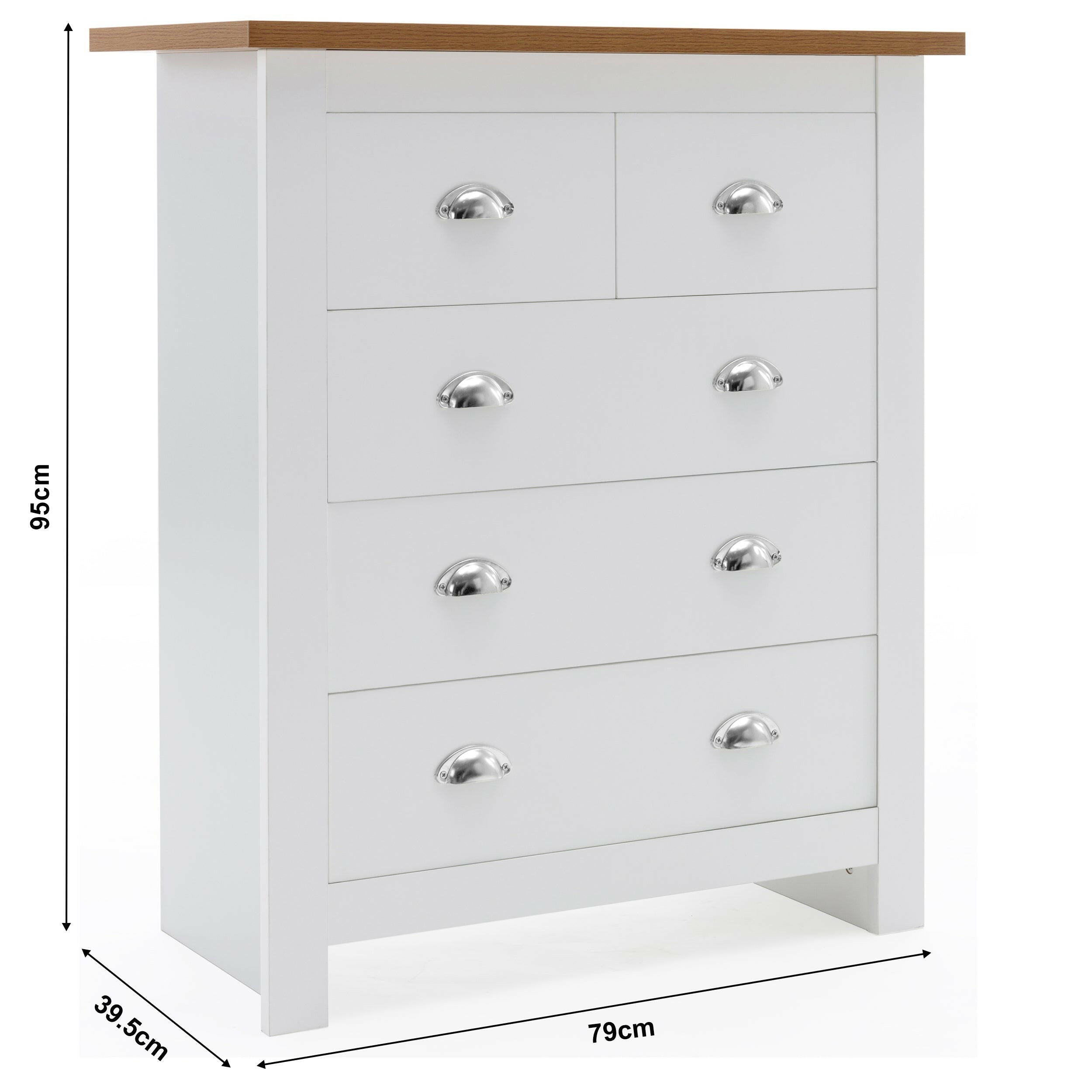 2+3 chest of drawers with dimensions, white finish and oak top, spacious bedroom storage.