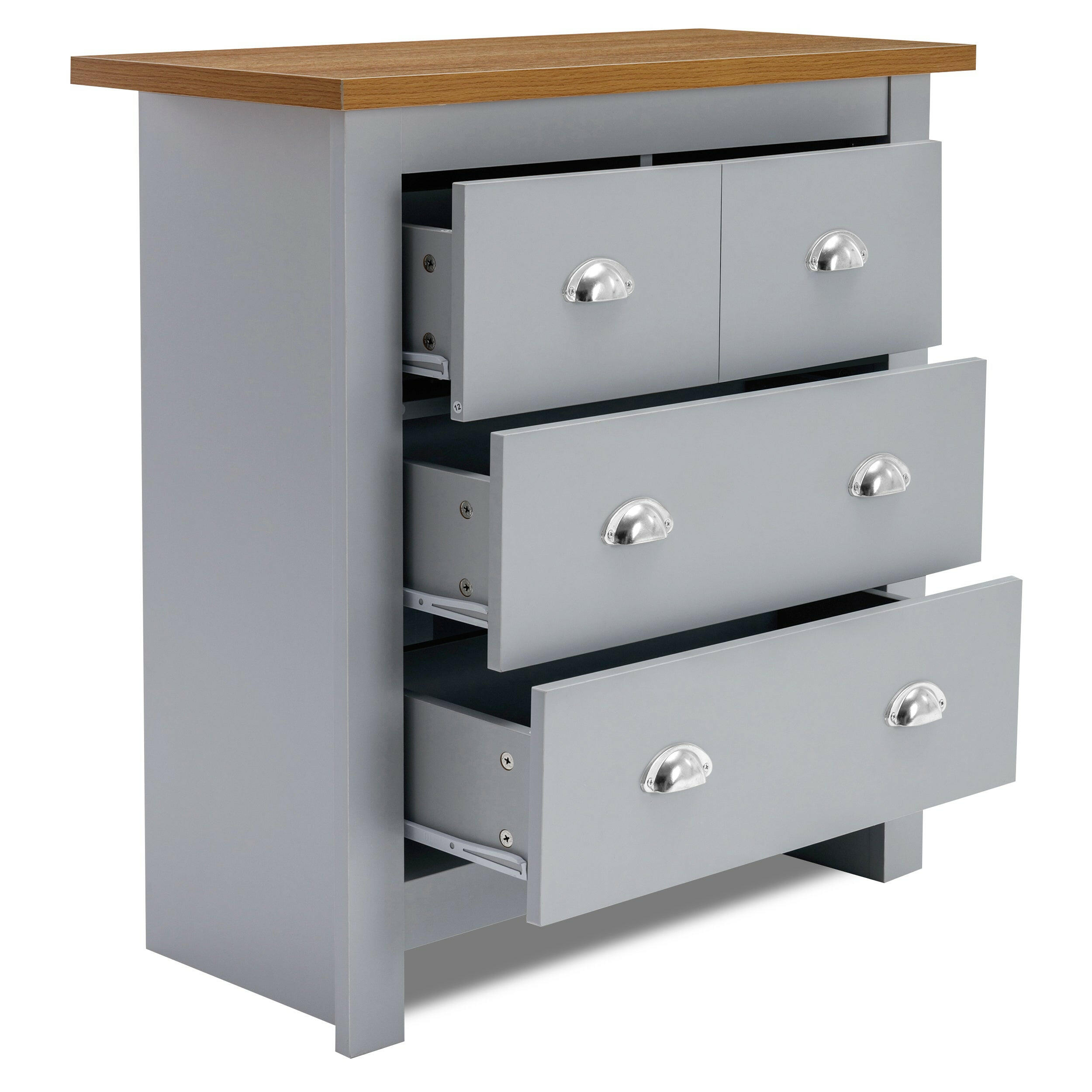 Grey 2 chest of drawers side by side with oak top and open drawers, functional bedroom storage.