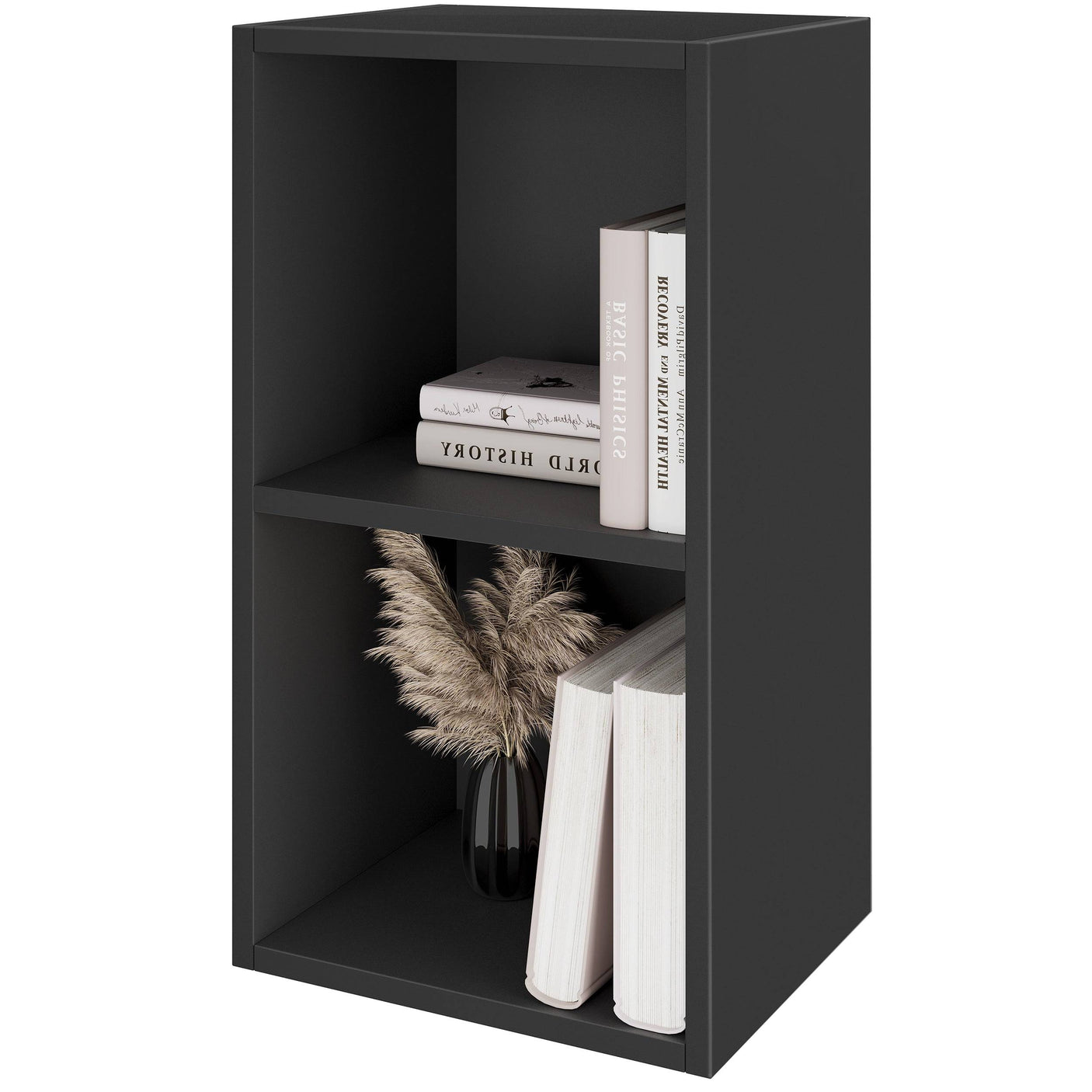 Black Blisswood 2 shelf bookcase with books and vase, sleek and space-saving for home or office.