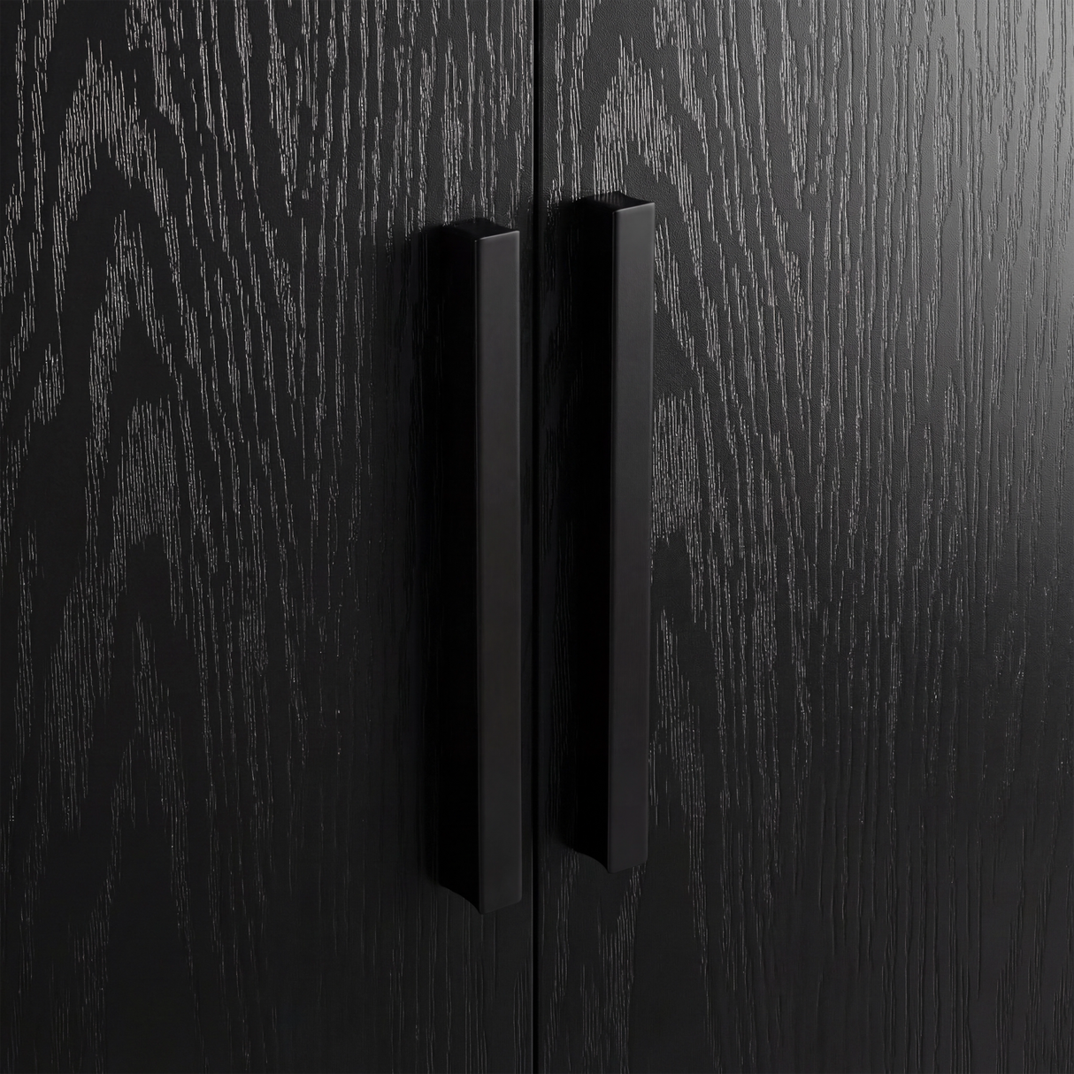 [Black] Close view of natural wood vertical handles mounted on black finish double wardrobe with hanging rail