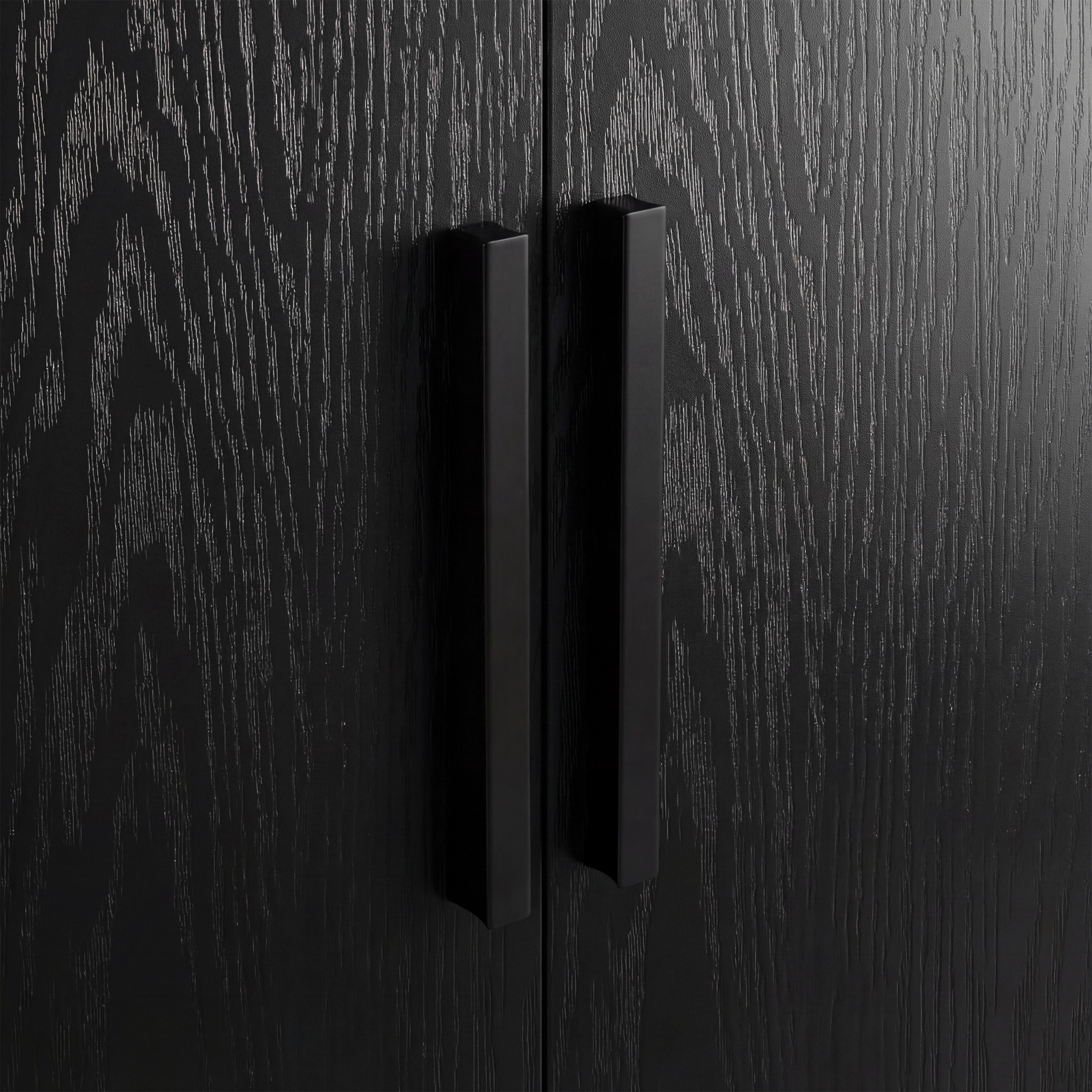 [Black] Close view of natural wood vertical handles mounted on black finish double wardrobe with hanging rail